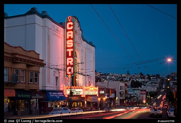 Castro Theater and Castro Street at dusk. San Francisco, California, USA